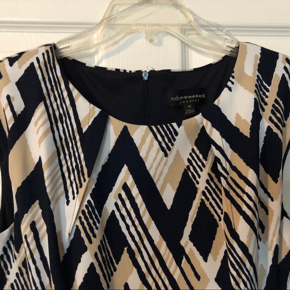 Beige and Navy Blue Belted Dress